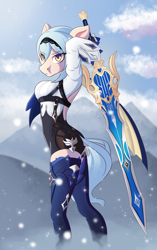 Size: 2868x4580 | Tagged: safe, artist:qbellas, imported from derpibooru, anthro, anthrofied, clothes, crossover, dragonspine, eula (genshin impact), genshin impact, looking at you, mountain, snow, solo, sword, weapon