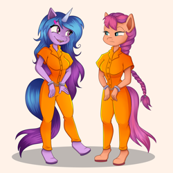 Size: 3000x3000 | Tagged: safe, artist:percibey, imported from derpibooru, izzy moonbow, sunny starscout, anthro, digitigrade anthro, earth pony, unicorn, bad end, clothes, cuffs, duo, g5, high res, my little pony: a new generation, prison outfit, prisoner, prisoner im, varying degrees of want