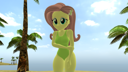 Size: 1920x1080 | Tagged: safe, artist:mr.uberrebu25, imported from derpibooru, fluttershy, equestria girls, 3d, beach, beach babe, breasts, busty fluttershy, clothes, green swimsuit, hand on arm, looking at you, one-piece swimsuit, shy, smiling, smiling at you, solo, swimsuit