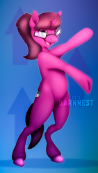 Size: 2160x3840 | Tagged: safe, artist:barnnest, imported from ponybooru, oc, oc only, oc:heart drive, pony, unicorn, abstract background, bipedal, fanart, female, freckles, glasses, mare, open mouth, open smile, ponybooru mascot, sfw, smiling, solo, watermark