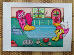 Size: 1600x1200 | Tagged: safe, artist:serenepony, imported from ponybooru, apple bloom, pinkie pie, earth pony, pony, female, filly, foal, kitchen, mare, traditional art