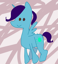 Size: 921x1014 | Tagged: artist needed, source needed, safe, imported from derpibooru, oc, oc only, oc:green hair, alicorn, pony, 1000 hours in ms paint, alicorn oc, broken anatomy, heterochromia, horn, solo, striped background, wat, weird anatomy, wings