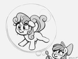 Size: 1758x1342 | Tagged: safe, artist:heretichesh, imported from derpibooru, apple bloom, sweetie belle, earth pony, pony, unicorn, :t, bubble, bubble wand, duo, female, filly, floppy ears, grayscale, hoof hold, magnetic hooves, monochrome, nervous sweat, sweat, trapped