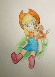 Size: 1463x2048 | Tagged: safe, artist:daisymane, imported from derpibooru, applejack, winona, dog, human, cute, humanized, jackabetes, smiling, traditional art, winonabetes, younger