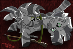 Size: 4704x3171 | Tagged: safe, artist:lincolnbrewsterfan, derpibooru exclusive, imported from derpibooru, oc, oc:lancer impalii, oc:xenith, zebra, fallout equestria, fallout equestria: project horizons, .svg available, :3, :d, alternate universe, burgundy, carpet, cel shading, chest fluff, cuddling, duo, ear fluff, fanfic art, female, floor, floppy ears, friendshipping, glyphmark, gun, happy, highlights, holding, hoof hold, hoof on cheek, hoof on face, hoof on head, inkscape, inscriptions, lancer's hunter rifle, lifted leg, looking at each other, looking at someone, lying down, lying on top of someone, male, male and female, mane, mare, mosin nagant, mosin nagant m31, nc-tv signature, oc x oc, open mouth, open smile, optical sight, prone, raised hoof, relaxing, rifle, shading, shipping, signature, simple background, small mouth, smiling, smiling at each other, sniper rifle, stallion, stallion oc, straight, strap, stripes, svg, tail, vector, watermark, weapon, xancer, zebra oc, zebra stripes