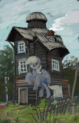 Size: 717x1114 | Tagged: safe, artist:alexandrvirus, imported from derpibooru, derpy hooves, pegasus, pony, barn, fence, flying, outdoors, painting, scenery, solo, texture, textured background