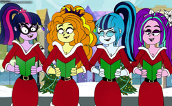 Size: 1280x793 | Tagged: safe, artist:rdj1995, imported from derpibooru, adagio dazzle, aria blaze, sci-twi, sonata dusk, twilight sparkle, equestria girls, caroling, the dazzlings