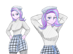 Size: 2400x1800 | Tagged: safe, artist:zachc, imported from derpibooru, starlight glimmer, equestria girls, alternate clothes, arm behind head, clothes, female, hat, looking at you, miniskirt, simple background, skirt, solo, white background