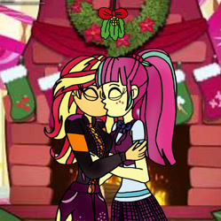 Size: 1280x1283 | Tagged: safe, artist:rdj1995, imported from derpibooru, sour sweet, sunset shimmer, human, equestria girls, duo, female, kiss on the lips, kissing, lesbian, mistleholly, shipping, sourshimmer