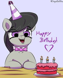 Size: 2200x2700 | Tagged: safe, artist:sugardotxtra, imported from derpibooru, octavia melody, earth pony, pony, birthday, birthday cake, cake, candle, cute, female, food, happy, hat, high res, mare, party hat, smiling, solo, tavibetes