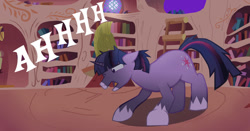 Size: 1280x670 | Tagged: safe, artist:mr100dragon100, imported from derpibooru, twilight sparkle, hengstwolf, unicorn, werewolf, twilight unbound, golden oaks library, library, night, one eye closed, screaming, transformation, unicorn twilight