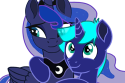 Size: 1080x719 | Tagged: safe, artist:dianamur, artist:twinet, edit, imported from derpibooru, princess luna, oc, oc:eclipse (iwtfpl), alicorn, pony, unicorn, base used, canon x oc, couple, duo, eye clipping through hair, guard, horn, hug, male, moon, original character do not steal, princess, shipping, simple background, smiling, white background