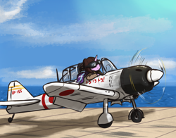 Size: 3000x2350 | Tagged: safe, artist:t72b, imported from derpibooru, starlight glimmer, pony, unicorn, a6m, aircraft carrier, akagi, clothes, goggles, hat, high res, historical roleplay starlight, ijn akagi, imperial japanese navy, mitsubishi a6m zero, ocean, pearl harbor, pilot, plane, solo, world war ii