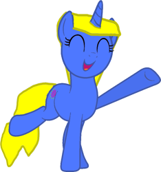 Size: 847x903 | Tagged: safe, artist:kayman13, imported from derpibooru, oc, oc only, oc:kellen, pony, unicorn, derpibooru community collaboration, 2022 community collab, ^^, base used, extended trot pose, eyes closed, female, full body, horn, joyful, mare, open mouth, open smile, simple background, singing, smiling, solo, standing, standing on two hooves, tail, transparent background, unicorn oc, vector, yellow mane, yellow tail