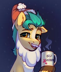 Size: 1255x1473 | Tagged: safe, alternate version, artist:taneysha, imported from derpibooru, hitch trailblazer, earth pony, pony, christmas, cute, ear fluff, g5, hat, hitchbetes, holiday, male, mug, my little pony: a new generation, one ear down, santa hat, sheriff, solo, stallion, steam