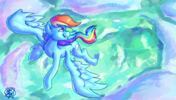 Size: 1800x1020 | Tagged: safe, artist:mannybcadavera, imported from derpibooru, rainbow dash, pegasus, pony, backwards cutie mark, female, flying, grin, looking back, mare, smiling, solo, spread wings, wings