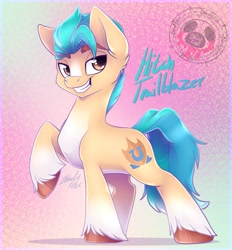 Size: 1895x2040 | Tagged: safe, artist:bloody-pink, imported from derpibooru, hitch trailblazer, earth pony, pony, g5, male, my little pony: a new generation, one leg raised, raised hoof, raised tail, signature, solo, stallion, standing, tail, text, unshorn fetlocks