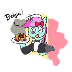 Size: 1024x1024 | Tagged: safe, artist:foxy1219, imported from derpibooru, oc, oc only, oc:belle boue, pony, unicorn, art trade, belgian waffle, belgium, blush sticker, blushing, bowtie, clothes, crossdressing, food, looking at you, maid, male, one eye closed, open mouth, open smile, simple background, smiling, solo, waffle, white background, wink