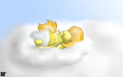 Size: 960x600 | Tagged: artist needed, safe, imported from derpibooru, spitfire, pegasus, cloud, cute, day, happy, lying down, lying on a cloud, on a cloud, sky, sleeping, small wings, solo, wings