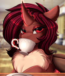 Size: 2582x3003 | Tagged: safe, artist:pridark, imported from derpibooru, oc, oc only, oc:flechette, changeling, moth, mothling, original species, bust, chest fluff, commission, cup, curved horn, drinking, female, food, high res, horn, magic, plate, portrait, red changeling, solo, tea, telekinesis