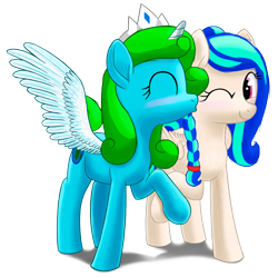 Size: 2000x2000 | Tagged: safe, artist:stellardust, imported from derpibooru, oc, oc only, oc:cloud burst, oc:ertha, alicorn, pegasus, pony, derpibooru community collaboration, 2022 community collab, cheek kiss, female, high res, holding hooves, jewelry, kissing, mare, one eye closed, simple background, spread wings, tiara, transparent background, wings