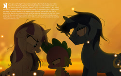 Size: 1280x810 | Tagged: safe, artist:bearmation, imported from derpibooru, night light, spike, twilight velvet, dragon, pony, unicorn, angry, crying, female, frown, gritted teeth, male, mare, messy mane, scar, stallion, story included, tears of anger, trio