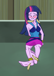 Size: 1364x1911 | Tagged: safe, artist:splendidbondage, imported from derpibooru, part of a set, twilight sparkle, equestria girls, ankle tied, arm behind back, barefoot, blushing, bondage, bound wrists, clothes, eyes closed, feather, feet, fetish, foot fetish, foot focus, grin, set:rainbooms in bondage, shirt, smiling, soles, solo, tickle torture, tickling, tied up, toes