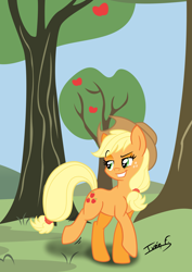 Size: 2481x3508 | Tagged: safe, artist:memprices, imported from derpibooru, applejack, earth pony, pony, apple, apple tree, cowboy hat, hat, high res, smiling, smug, solo, tree, vector, walking