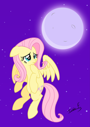 Size: 2481x3508 | Tagged: safe, artist:memprices, imported from derpibooru, fluttershy, pegasus, pony, flying, frightened, high res, moon, night, sad, solo, stars, vector, wings