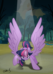 Size: 2481x3508 | Tagged: safe, artist:memprices, imported from derpibooru, twilight sparkle, alicorn, pony, angry, casting a spell, defending, everfree forest, high res, looking at you, magic, magic aura, raised hoof, solo, spell, spread wings, twilight sparkle (alicorn), vector