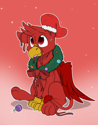 Size: 1744x2208 | Tagged: safe, alternate version, artist:rokosmith26, imported from derpibooru, oc, oc only, oc:con badger, griffon, alternate character, beak, bow, cheek fluff, chest fluff, christmas, christmas stocking, christmas wreath, claws, commission, floppy ears, gradient background, griffon oc, holiday, looking up, male, one ear down, paws, raised hoof, ribbon, simple background, sitting, smiling, solo, sweat, sweatdrop, tail, tongue out, wings, wreath, ych result