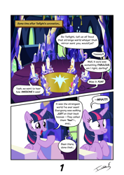 Size: 2481x3508 | Tagged: safe, artist:memprices, imported from derpibooru, applejack, fluttershy, pinkie pie, rainbow dash, rarity, twilight sparkle, alicorn, earth pony, pegasus, pony, comic:where does magic come from?, comic, dialogue, female, high res, mare, sitting, southern accent, talking, twilight sparkle (alicorn), twilight's castle, vector