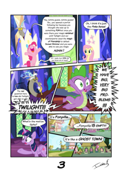 Size: 2481x3508 | Tagged: safe, artist:memprices, imported from derpibooru, discord, fluttershy, pinkie pie, spike, twilight sparkle, alicorn, draconequus, dragon, earth pony, pegasus, pony, comic:where does magic come from?, bipedal, comic, dialogue, female, high res, male, mare, ponyville, talking, twilight sparkle (alicorn), twilight's castle, vector