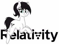 Size: 2048x1537 | Tagged: safe, artist:seafooddinner, imported from derpibooru, oc, oc only, oc:relativityspacepone, earth pony, pony, female, logo, looking at you, lying down, mare, ponytail, relativity space, simple background, white background