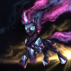 Size: 3000x3000 | Tagged: safe, artist:not-ordinary-pony, derpibooru exclusive, imported from derpibooru, tempest shadow, pony, unicorn, angry, artificial horn, crepuscular rays, ethereal mane, eye scar, female, glowing, glowing eyes, gritted teeth, high res, horn, mare, nightmarified, scar, slit pupils, solo, sparking horn, storm, teeth, tempest gets her horn back