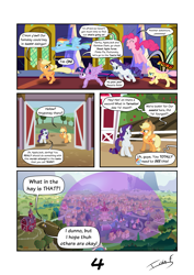 Size: 2481x3508 | Tagged: safe, artist:memprices, imported from derpibooru, applejack, fluttershy, pinkie pie, rainbow dash, rarity, twilight sparkle, alicorn, earth pony, pegasus, pony, comic:where does magic come from?, comic, dialogue, dome, female, high res, jumping, ponyville, running, southern accent, sweet apple acres, sweet apple acres barn, twilight sparkle (alicorn), twilight's castle