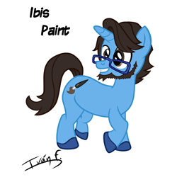 Size: 4000x4000 | Tagged: safe, artist:memprices, imported from derpibooru, oc, oc:ibis paint, pony, unicorn, beard, blue coat, blue pony, brown mane, brush, cutie mark, facial hair, glasses, high res, ibis paint, male, original character do not steal, short mane, simple background, solo, stallion, stallion oc, vector, white background
