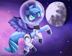 Size: 1400x1100 | Tagged: safe, artist:polishcrossoverfan, imported from derpibooru, princess luna, alicorn, pony, :i, absurd file size, absurd gif size, animated, colored pupils, gif, moon, s1 luna, solo, space, space helmet, spacesuit
