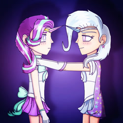 Size: 1237x1238 | Tagged: safe, artist:polishcrossoverfan, imported from derpibooru, starlight glimmer, trixie, human, clothes, crossover, duo, ear piercing, earring, female, gloves, hands on shoulder, horn, humanized, jewelry, lesbian, looking at each other, looking at someone, piercing, sailor moon, sailor scout, shipping, skirt, startrix