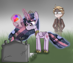 Size: 1930x1669 | Tagged: safe, artist:polishcrossoverfan, imported from derpibooru, twilight sparkle, alicorn, human, pony, the last problem, crossover, crown, crying, duo, female, flower, grave, gravestone, hetalia, human and pony, immortality blues, jewelry, magic, male, mare, older, older twilight, peytral, princess twilight 2.0, regalia, telekinesis, twilight sparkle (alicorn), united states