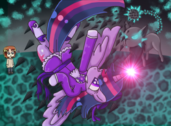 Size: 1903x1397 | Tagged: safe, artist:polishcrossoverfan, imported from derpibooru, twilight sparkle, alicorn, human, semi-anthro, clothes, crossover, dodge, glowing, hetalia, italy, monster, one eye closed, spread wings, twilight sparkle (alicorn), wings