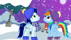 Size: 1280x720 | Tagged: safe, artist:mlplary6, imported from derpibooru, rainbow dash, soarin', pegasus, pony, bench, christmas, clothes, female, holiday, male, moon, scarf, shipping, snow, snowfall, snowflake, soarindash, straight, striped scarf, winter