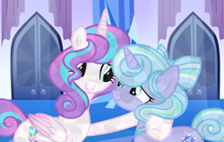 Size: 974x616 | Tagged: safe, artist:teaneey, imported from derpibooru, princess flurry heart, oc, alicorn, crystal pony, pony, base used, duo, female, mare, older, older flurry heart, side hug