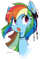 Size: 1134x1635 | Tagged: safe, artist:fuyugi, imported from derpibooru, rainbow dash, pegasus, pony, :o, alternate hairstyle, blushing, bow, bust, choker, cute, dashabetes, ear piercing, eye clipping through hair, female, hair bow, hair ribbon, jewelry, looking at you, mare, open mouth, piercing, portrait, ribbon, simple background, solo, white background