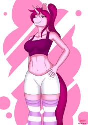 Size: 3307x4677 | Tagged: safe, artist:sforcetheartist, imported from derpibooru, oc, oc only, oc:pink nebula, anthro, unicorn, clothes, female, mare, simple background, socks, solo, stockings, striped socks, thigh highs