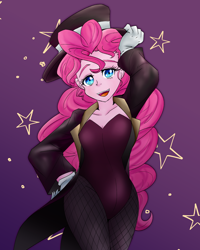 Size: 1510x1883 | Tagged: safe, artist:geraritydevillefort, imported from derpibooru, pinkie pie, equestria girls, clothes, female, fishnet pantyhose, gloves, hat, legs together, leotard, looking at you, magician, open mouth, solo