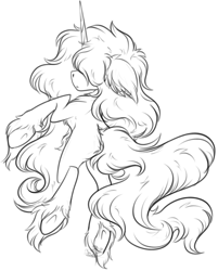 Size: 2137x2664 | Tagged: safe, artist:beamybutt, imported from derpibooru, oc, oc only, oc:kala, pony, unicorn, ear fluff, hair over eyes, high res, horn, lineart, monochrome, simple background, solo, underhoof, unicorn oc, white background