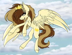 Size: 3609x2773 | Tagged: safe, artist:beamybutt, imported from derpibooru, oc, oc only, oc:prince whateverer, pegasus, pony, cloud, colored hooves, crown, ear fluff, flying, high res, jewelry, outdoors, pegasus oc, regalia, solo, wings