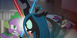 Size: 1920x967 | Tagged: safe, imported from derpibooru, queen chrysalis, spike, twilight sparkle, alicorn, changeling, changeling queen, pony, apprentice, cliche, darth, darth maul, death, death battle, duel of the fates, exploitable meme, female, hole, injured, jedi, jedi master, lightsaber, mare, master, meme, obi wan kenobi, obi-wan kenobi, padawan, qui-gon jinn, stabbed, stabbing, star wars, twi-gon, twilight sparkle (alicorn), weapon