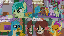 Size: 1280x720 | Tagged: safe, edit, edited screencap, editor:quoterific, imported from derpibooru, screencap, gallus, ocellus, sandbar, silverstream, smolder, yona, changeling, dragon, earth pony, griffon, hippogriff, pony, yak, season 8, the hearth's warming club, can't argue with that, eyes closed, female, hand on hip, male, open mouth, smiling, stallion, student six